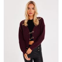 Women's Burgundy Ribbed Knit Hook Fastening Cardigan Quiz New Look