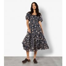 Women's Navy Floral Print Tiered Midi Dress Apricot New Look