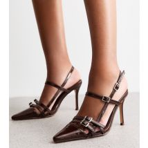 Women's Dark Brown Sushi Patent Faux Leather Slingback Heels Public Desire New Look