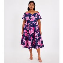 Women's Curve Navy Bardot Floral Skater Dress Quiz New Look