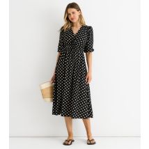 Women's Black Polka Dot Tie Neck Midi Dress Gini London New Look