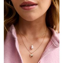 Gold Tone Double Chain Heart and Faux Pearl Necklace New Look