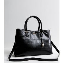 Black Faux Leather Croc Embossed Triple Compartment Tote Bag New Look