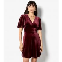 Women's Burgundy Velvet V Neck Empire Mini Dress Apricot New Look