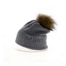 Bonnet Pompon Fourrure Bettina Laine Gris Bleu - Kristo - Taille unique - mohair/laine/Acrylique/polyamide - Italie