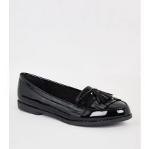 Women's Black Patent Front Tassel Trim Loafers Vegan New Look