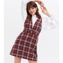 Women's Red Check Bouclé Mini Pinafore Dress New Look