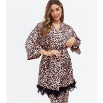 Women's Pink Leopard Print Satin Feather Trim Robe Little Mistress New Look