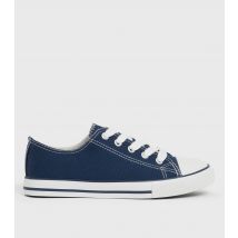 Women's Navy Stripe Canvas Lace Up Trainers Vegan New Look