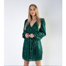 Women's Dark Green Sequin V Neck Belted Mini Wrap Dress Gini London New Look