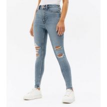 Petite Blue Ripped Knee High Waist Hallie Super Skinny Jeans New Look