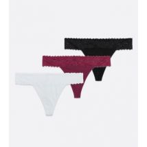 3 Pack Burgundy White and Black Lace Waist Thongs New Look