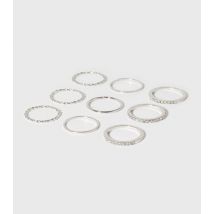 9 Pack Silver Diamanté Mixed Rings New Look