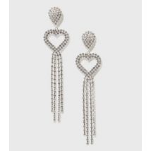 Silver Diamanté Heart Drop Tassel Earrings New Look