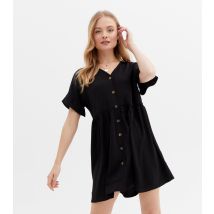 Women's Black Herringbone Button Front Frill Mini Smock Dress New Look