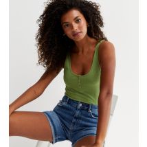 Women's Khaki Ribbed Popper Vest New Look