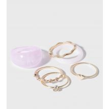 6 Pack Gold and Lilac Resin Rings New Look