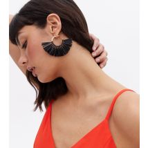 Black Straw Effect Tassel Hoop Earrings New Look
