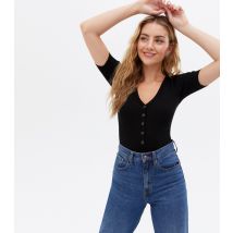 Women's Black Knit Popper Front Bodysuit Cameo Rose New Look