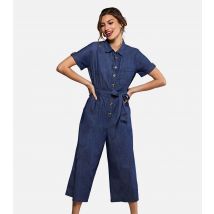 Women's Blue Denim Belted Crop Jumpsuit Yumi New Look