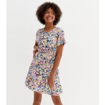 Black Floral Ruffle Wrap Dress KIDS ONLY New Look