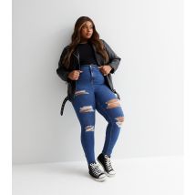 Women's Plus Size Blue Ripped Mid Rise Amie Skinny Jeans Curves New Look