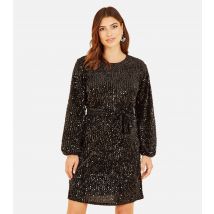 Women's Black Sequin Crew Neck Long Sleeve Belted Mini Dress Mela New Look