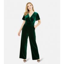 Yumi Dark Green Velvet V Neck Short Sleeve Wrap Jumpsuit New Look