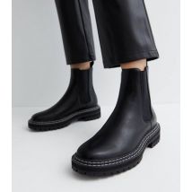 ONLY Black Leather-Look Chunky Cleated Chelsea Boots New Look