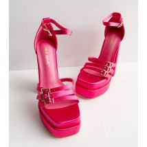 Public Desire Mid Pink Satin Platform Block Heel Sandals New Look