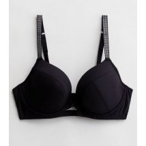 Black DD+ Diamanté Strap Plunge Bra New Look