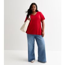 Women's Plus Size Red V Neck Jersey T Shirt Curves New Look
