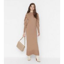 Trendyol Camel Knit Ruched Puff Sleeve Maxi Dress New Look