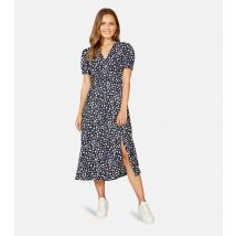 Women's Navy Spot V Neck Short Sleeve Midi Wrap Dress Mela New Look
