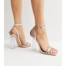 Public Desire Silver Metallic Square Toe Clear Block Heel Sandals New Look