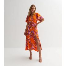 Gini London Orange Floral Belted Midi Wrap Dress New Look