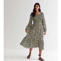 Women's Black Animal Print Shirred Long Sleeve Midi Dress Blue Vanilla New Look