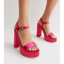 Little Mistress Bright Pink Satin Platform Block Heel Sandals New Look