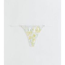 Yellow Floral Print Satin Embroidered Trim Thong New Look