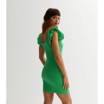 Green Ribbed Scoop Neck Frill Mini Dress New Look