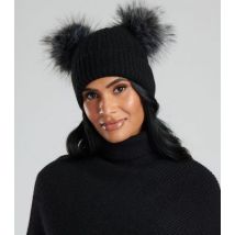 South Beach Black Knit Double Faux Fur Bobble Hat New Look