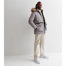 Men's Jack & Jones Pale Grey Faux Fur Trim Hooded Parka Jacket New Look