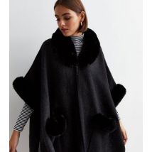 Gini London Black Faux Fur Trim Poncho New Look