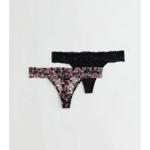 2 Pack Floral Print and Black Lace Tanga Thongs New Look
