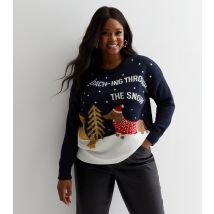 Women's Plus Size Blue Knit Christmas Logo Jumper Curves ONLY New Look
