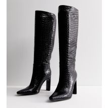 Women's Black Faux Croc Block Heel Knee High Boots Public Desire New Look