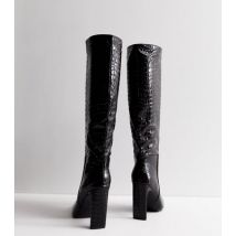 Public Desire Black Faux Croc Block Heel Knee High Boots New Look
