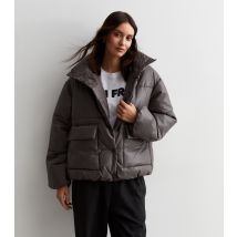 Women's Grey Leather-Look Oversized Puffer Jacket ONLY New Look