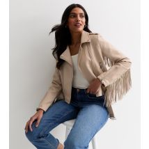 Women's Stone Leather-Look Fringe Jacket Pink Vanilla New Look