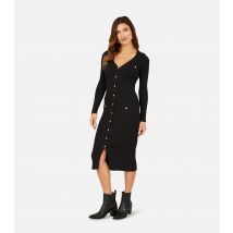 Women's Black Ribbed Long Sleeve Button Front Bodycon Midi Dress Mela New Look